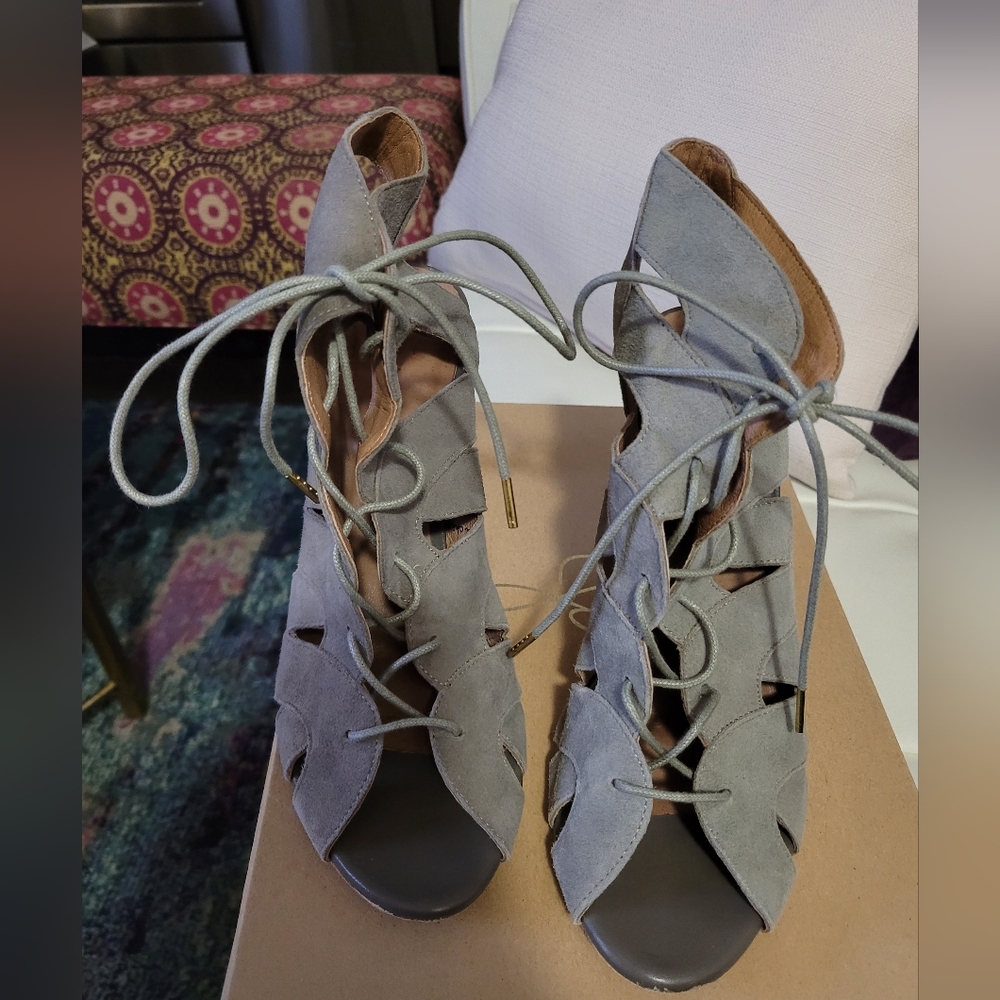Gray Suede Lace-Up Stiletto Booties